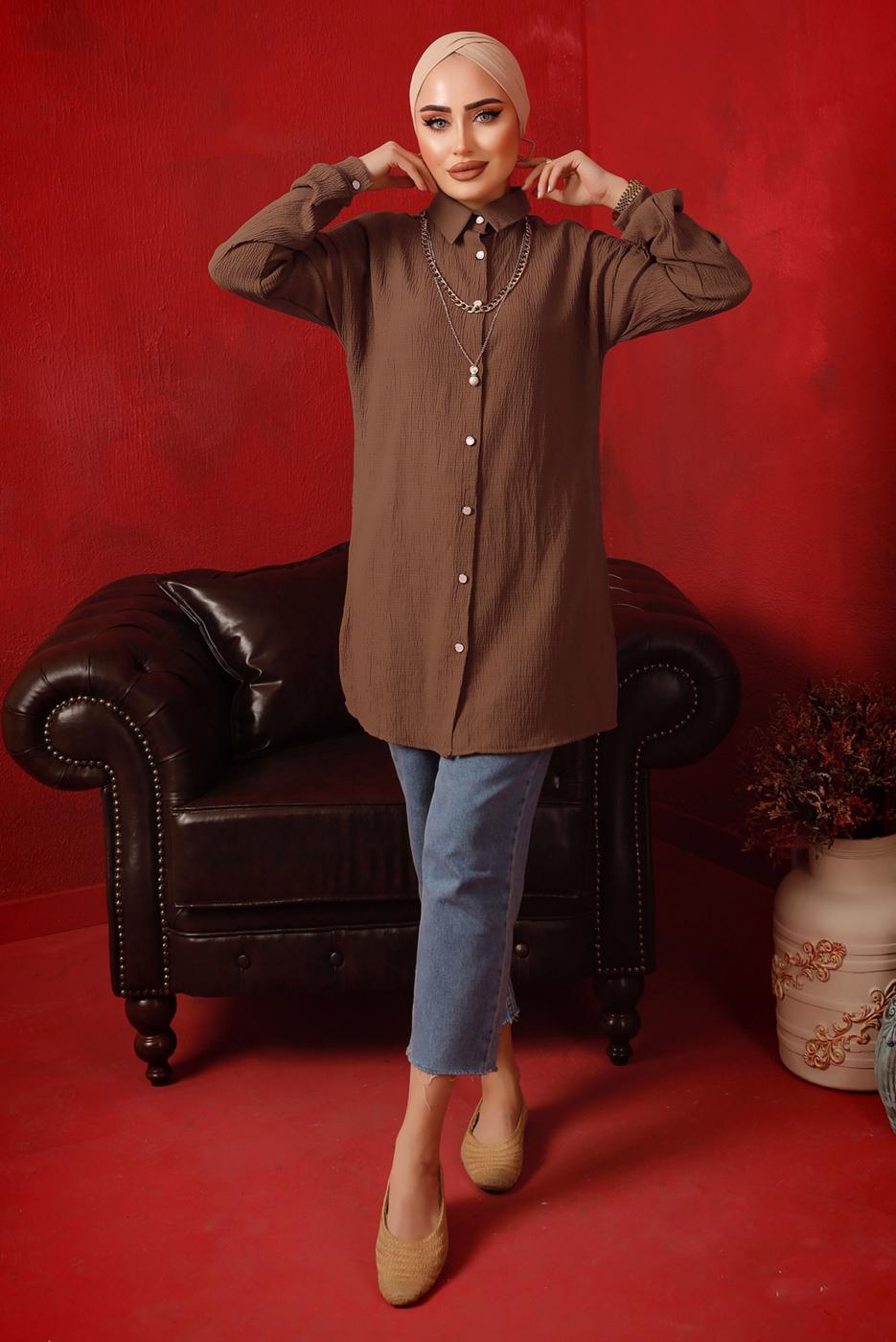 Tesettür giyim KAHVE ZİNCİR DETAYLI DÜĞMELİ TUNİK T 2792