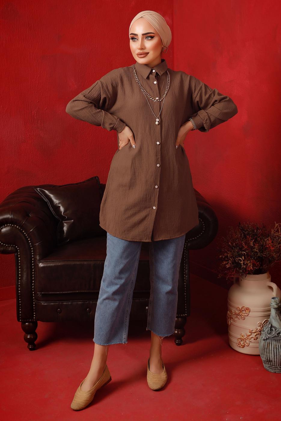 Tesettür giyim KAHVE ZİNCİR DETAYLI DÜĞMELİ TUNİK T 2792