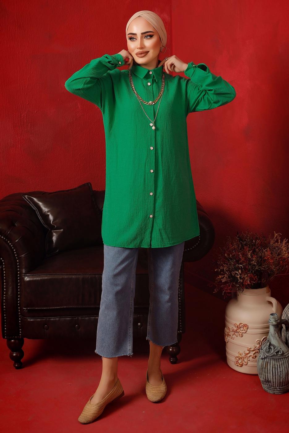 Tesettür giyim YEŞİL ZİNCİR DETAYLI DÜĞMELİ TUNİK T 2792