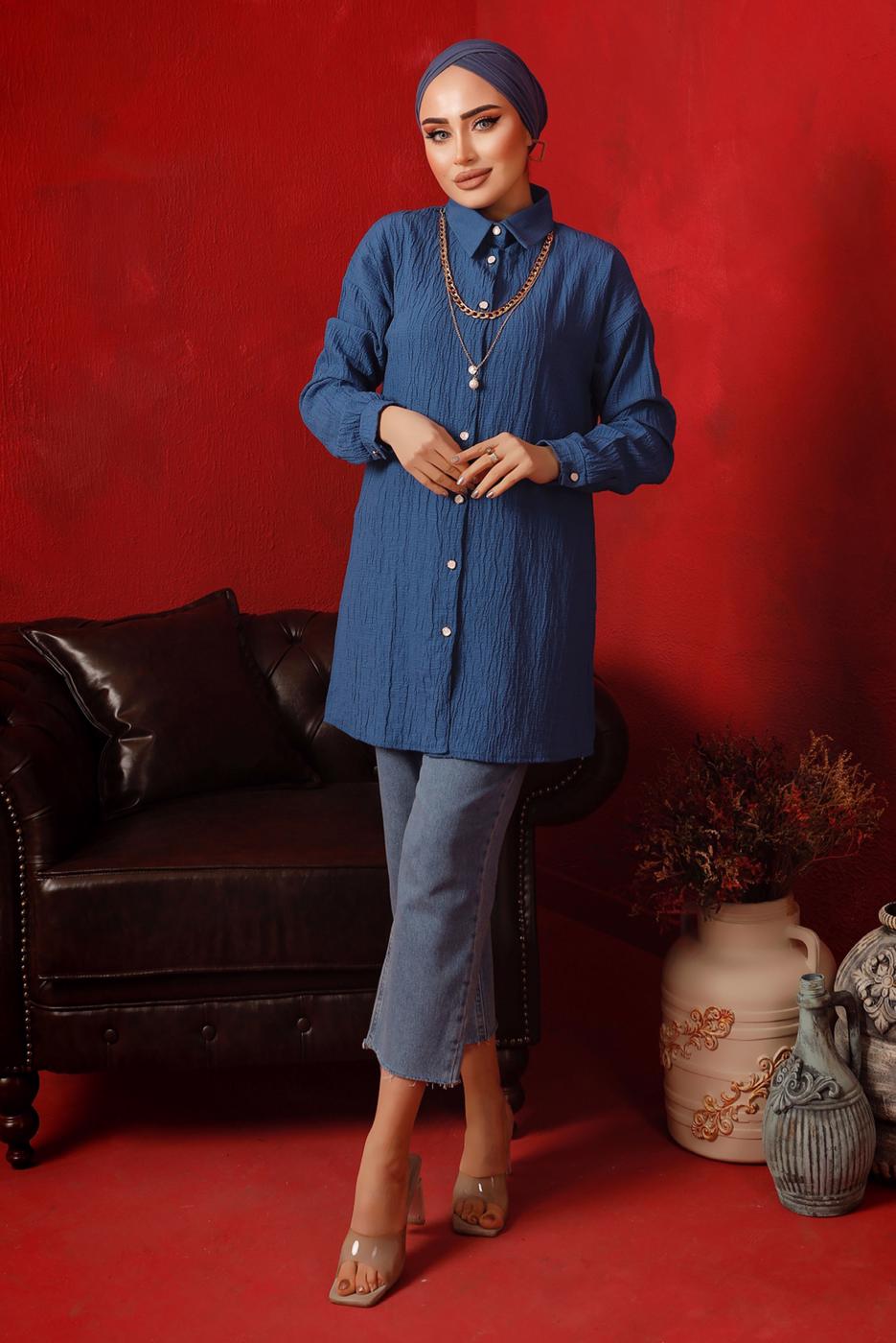 Tesettür giyim LACİVERT ZİNCİR DETAYLI DÜĞMELİ TUNİK T 2792