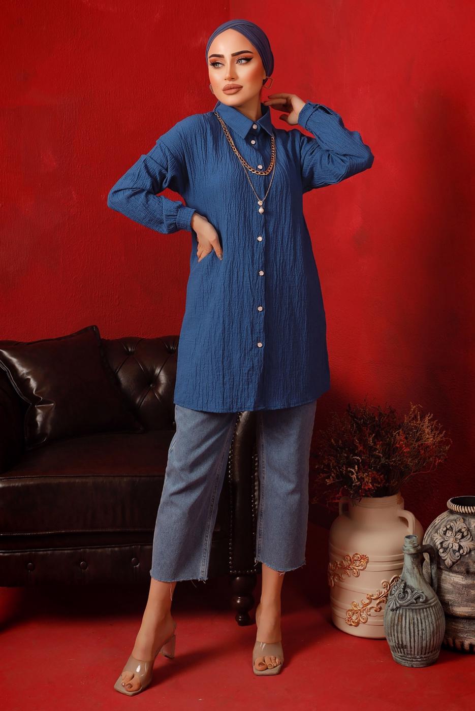 Tesettür giyim LACİVERT ZİNCİR DETAYLI DÜĞMELİ TUNİK T 2792