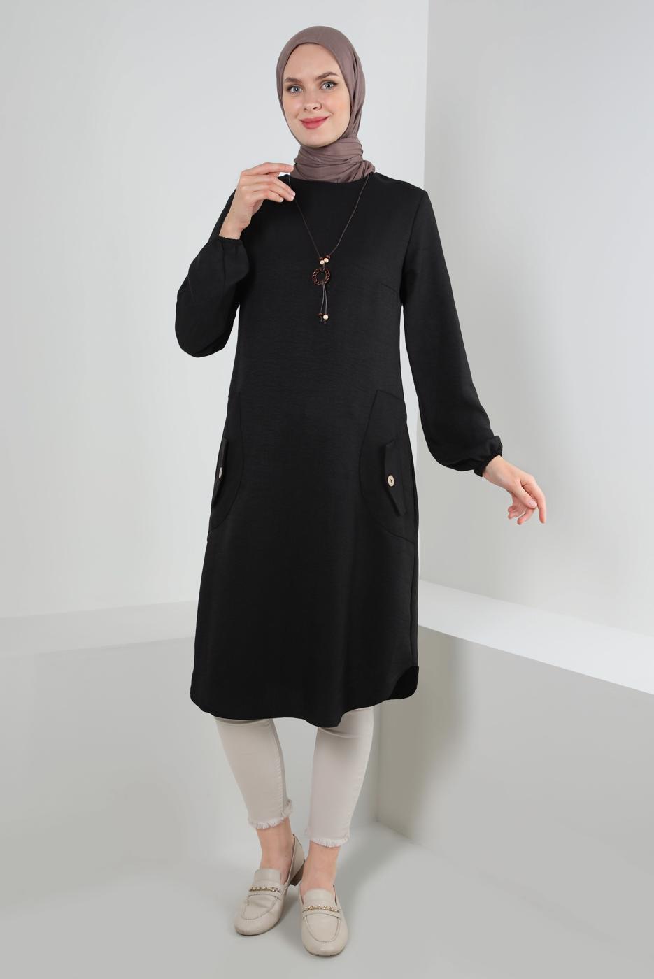 Vêtements hijab NOIR TUNIQUE COL ROND DÉTAIL POCHE T 2885