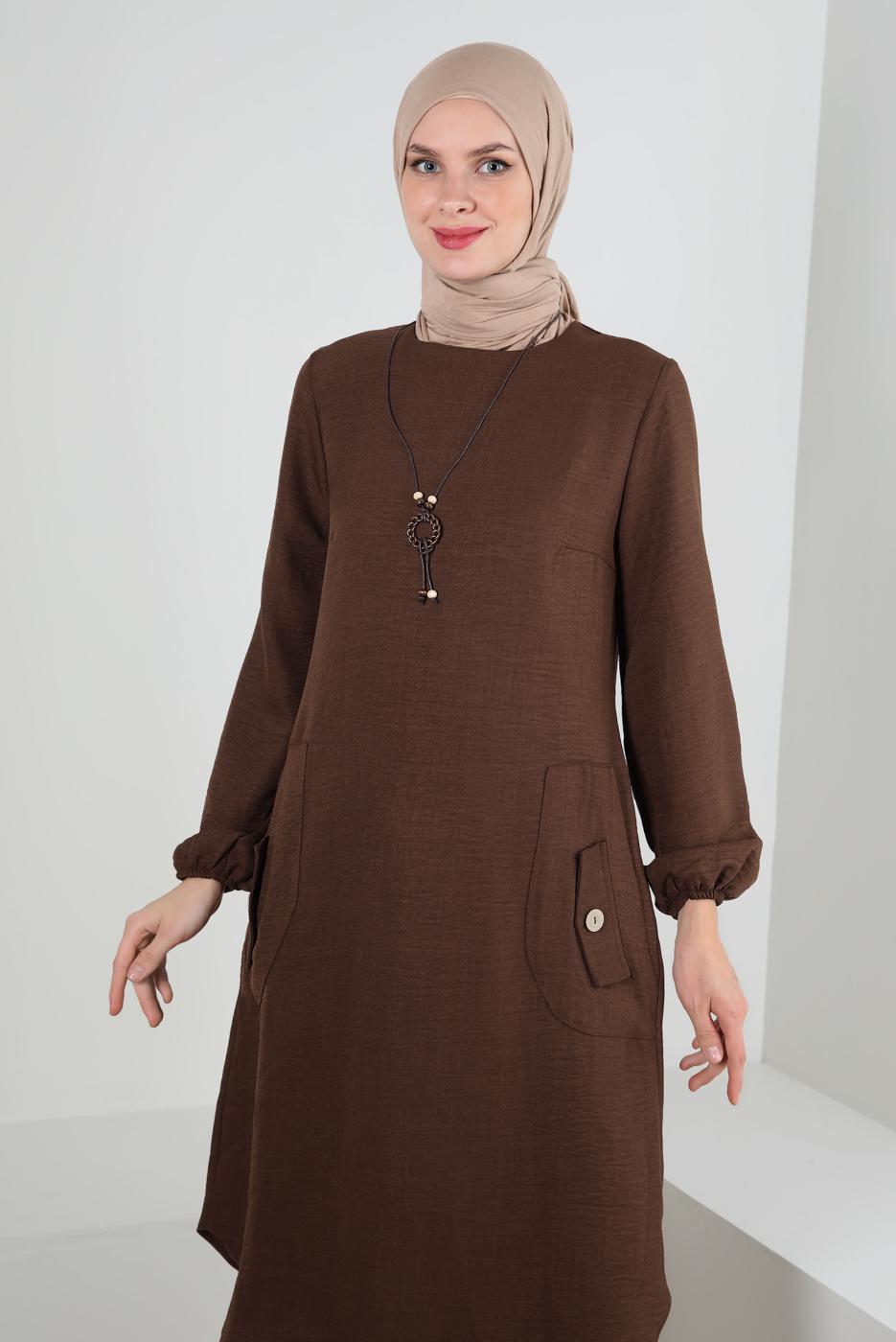 Tesettür giyim KAHVE CEP DETAYLI BİSİKLET YAKA TUNİK T 2885