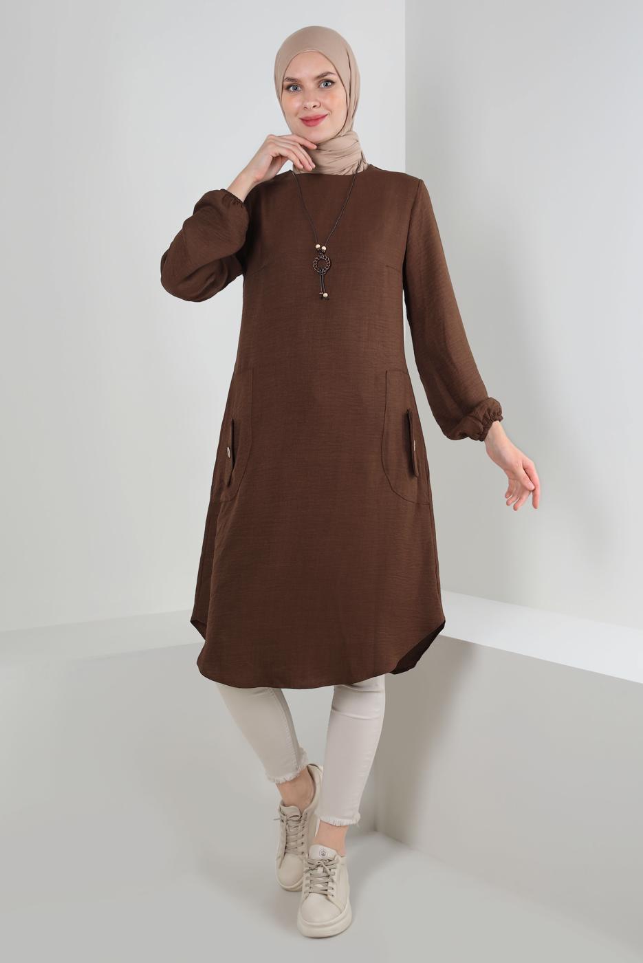 Tesettür giyim KAHVE CEP DETAYLI BİSİKLET YAKA TUNİK T 2885