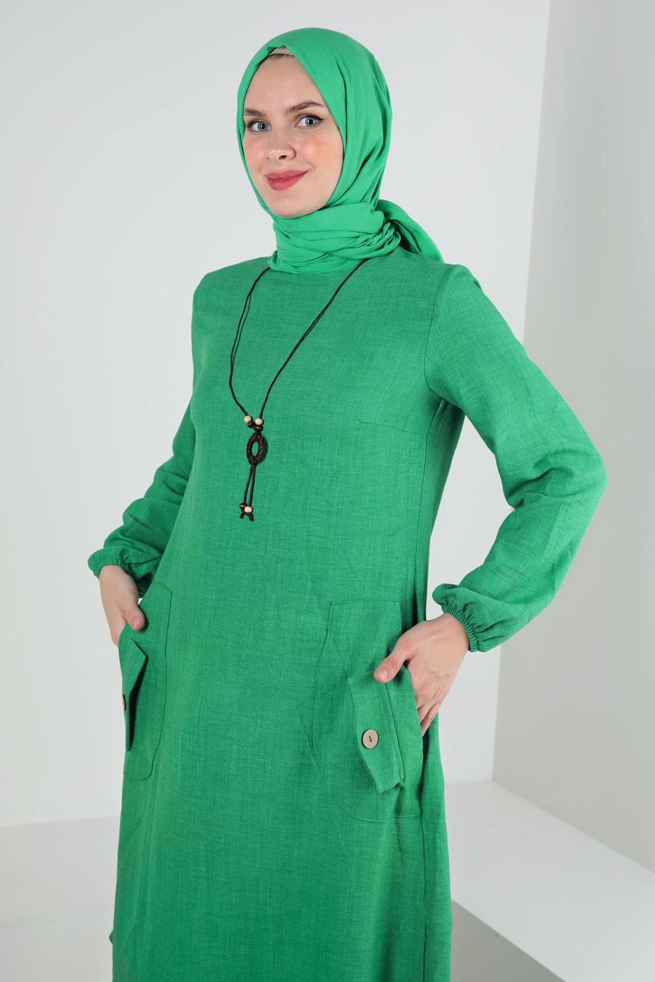 Tesettür giyim YEŞİL CEP DETAYLI BİSİKLET YAKA TUNİK T 2885