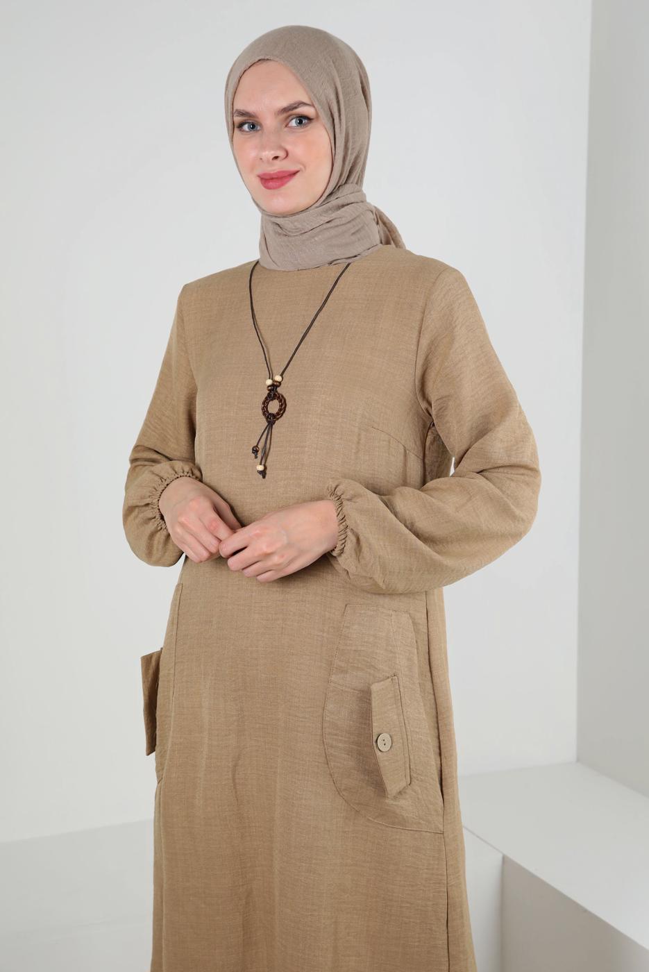 Tesettür giyim VİZON CEP DETAYLI BİSİKLET YAKA TUNİK T 2885