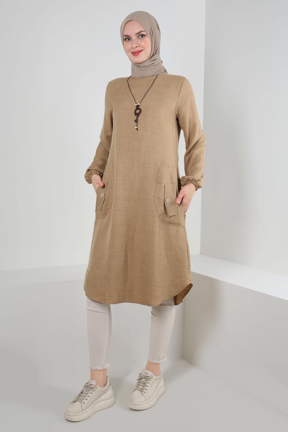 Tesettür giyim VİZON CEP DETAYLI BİSİKLET YAKA TUNİK T 2885