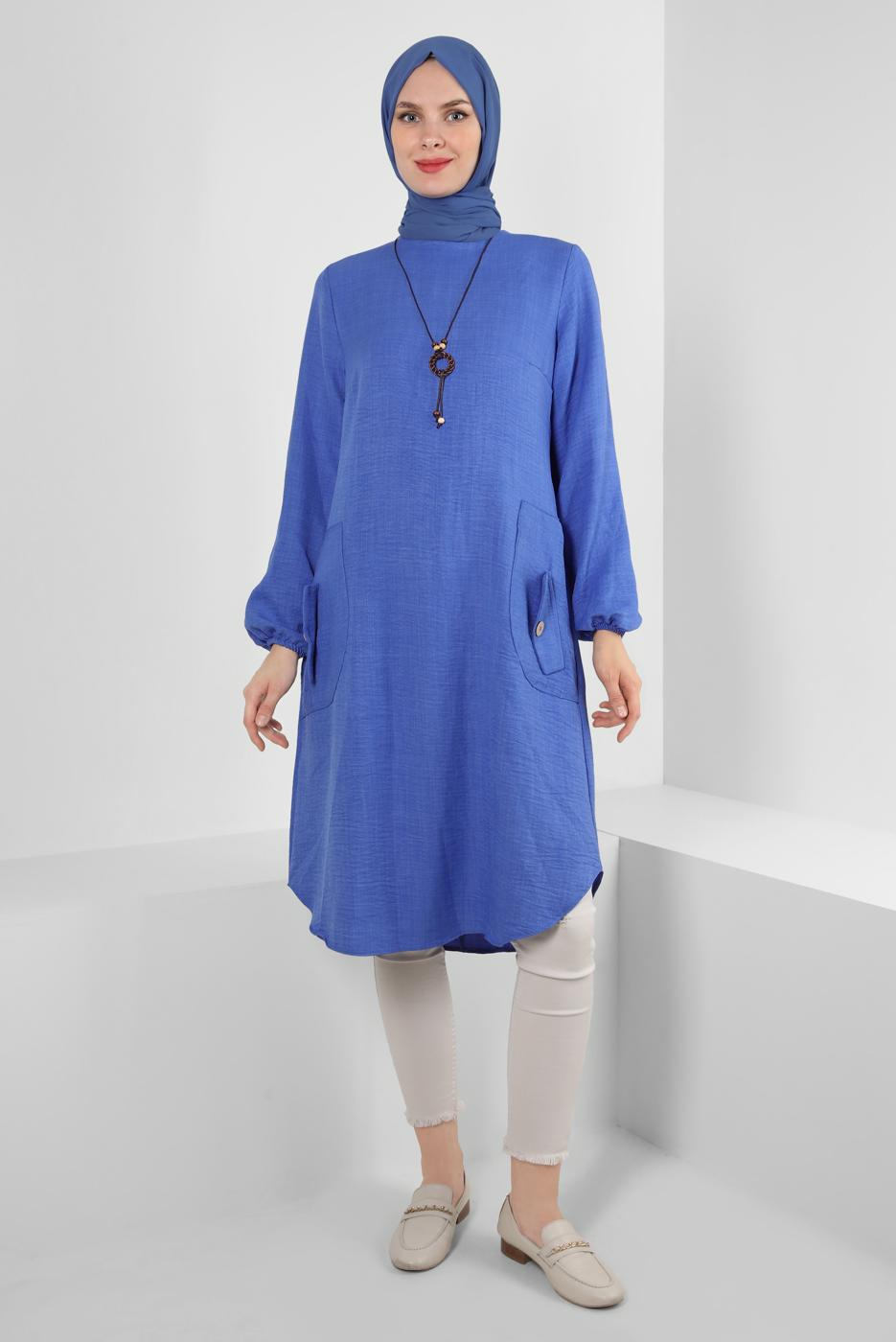 Tesettür giyim LACİVERT CEP DETAYLI BİSİKLET YAKA TUNİK T 2885