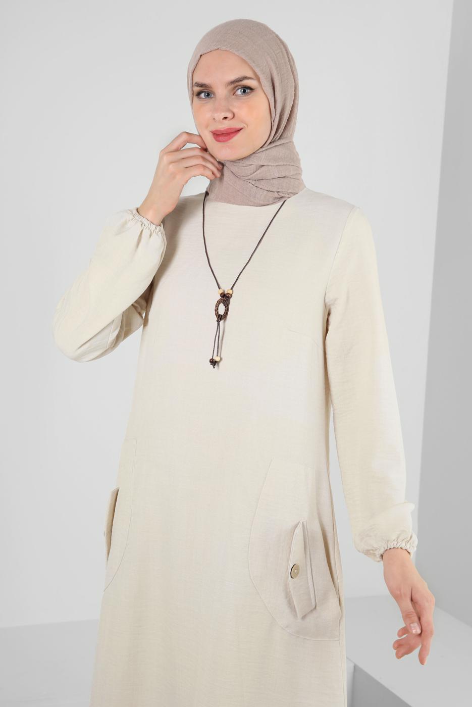 Tesettür giyim BEJ CEP DETAYLI BİSİKLET YAKA TUNİK T 2885