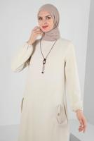 Tesettür giyim BEJ CEP DETAYLI BİSİKLET YAKA TUNİK T 2885