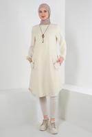 Tesettür giyim BEJ CEP DETAYLI BİSİKLET YAKA TUNİK T 2885