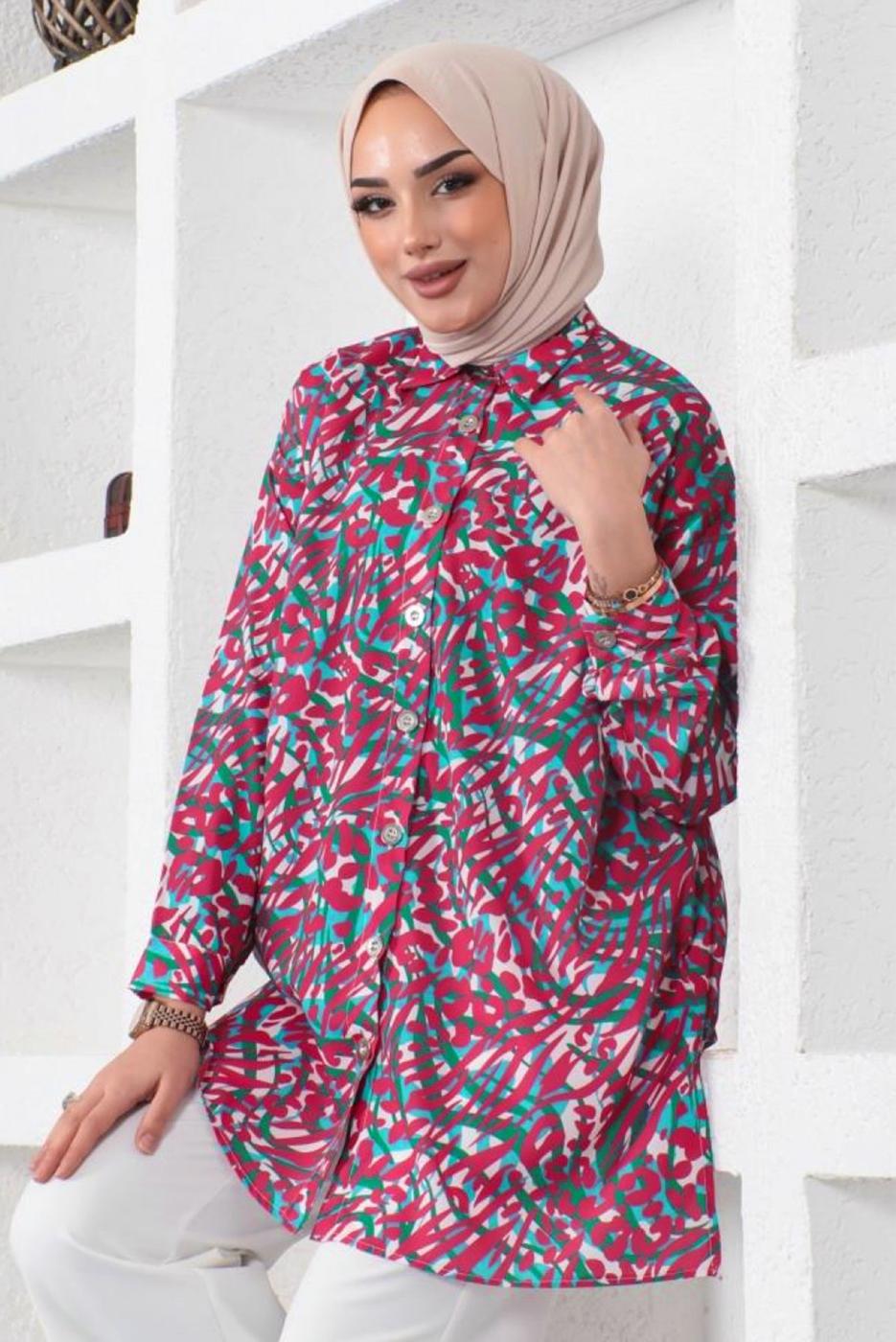 Tesettür giyim YEŞİL DESENLİ GÖMLEK TUNİK T 2888