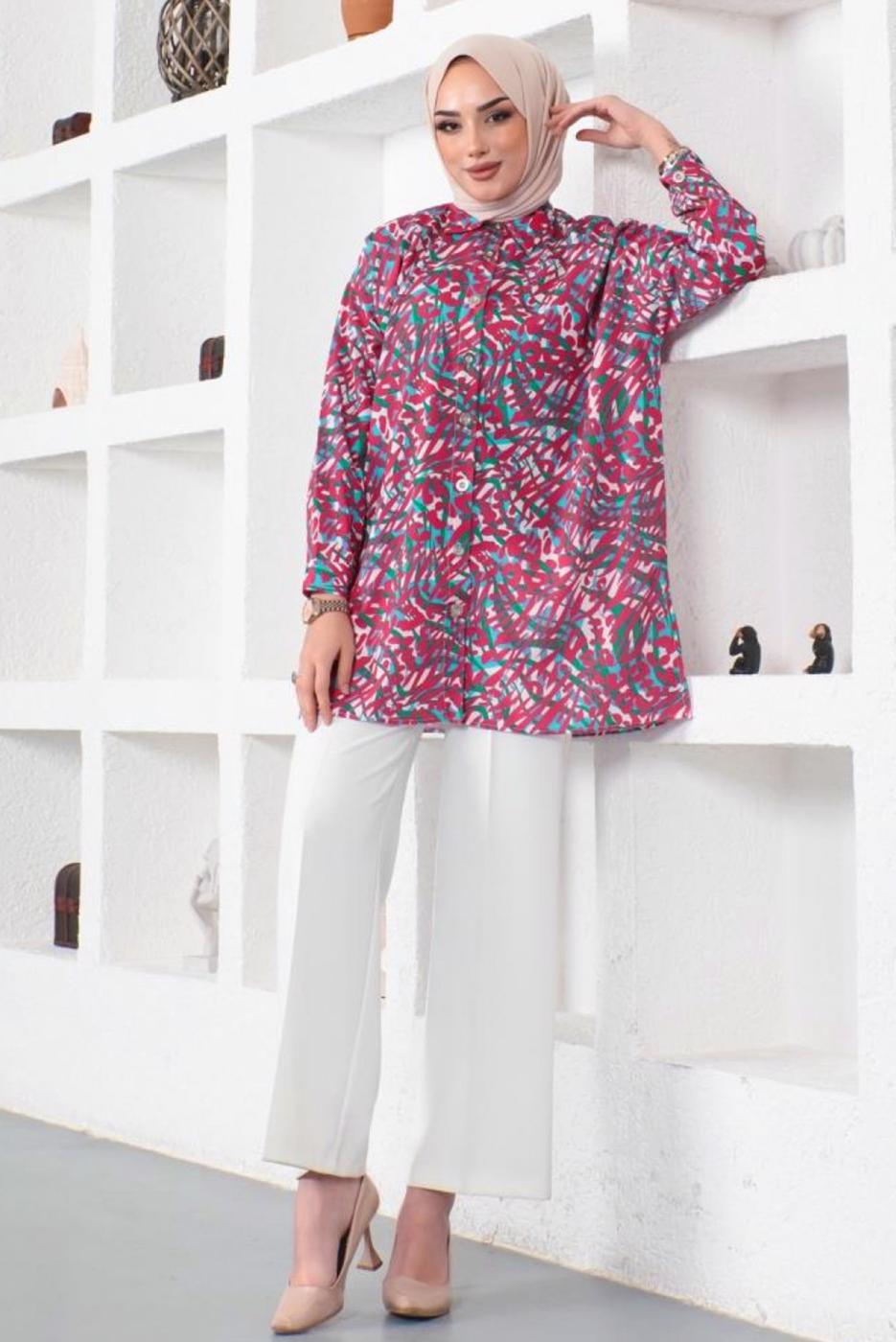 Tesettür giyim YEŞİL DESENLİ GÖMLEK TUNİK T 2888