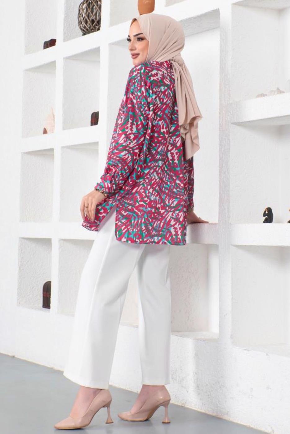 Tesettür giyim YEŞİL DESENLİ GÖMLEK TUNİK T 2888