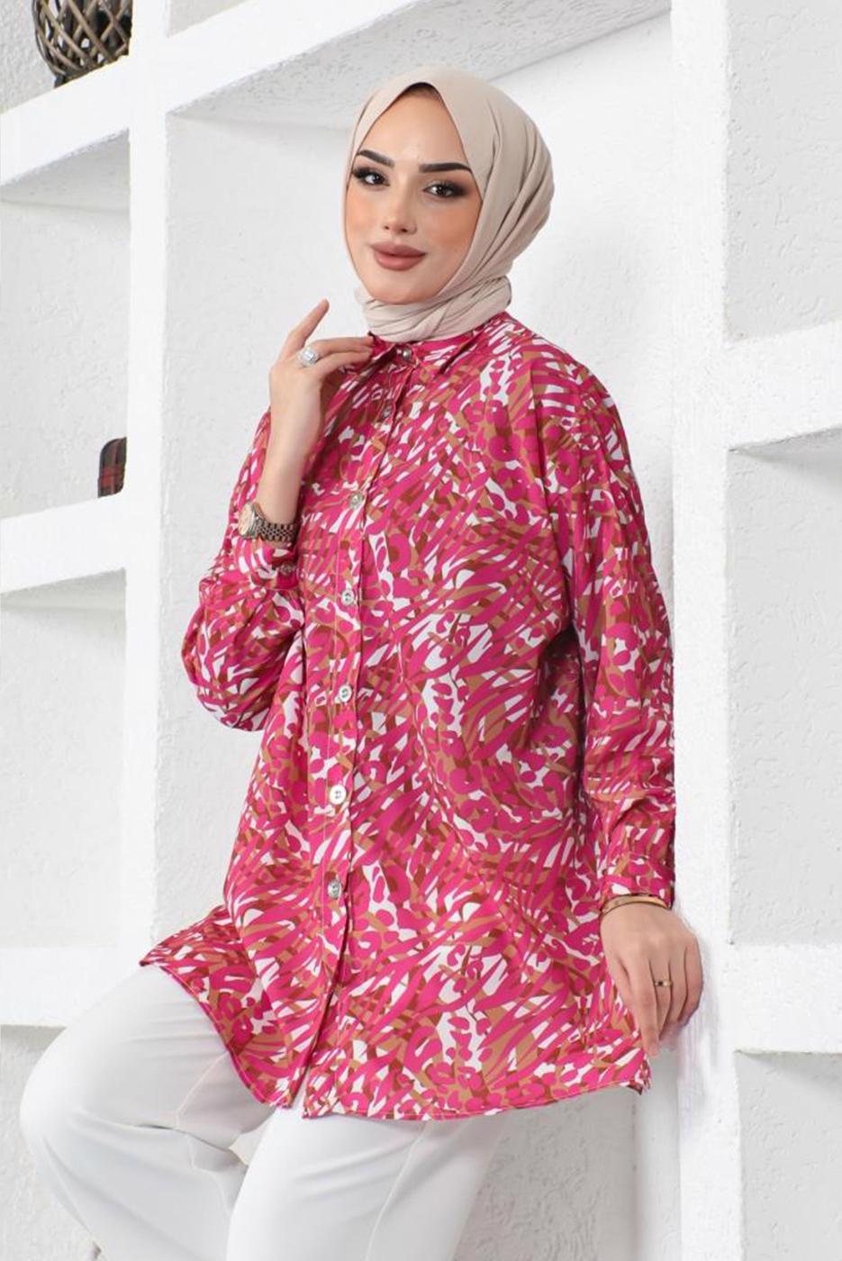 Tesettür giyim FUŞYA DESENLİ GÖMLEK TUNİK T 2888