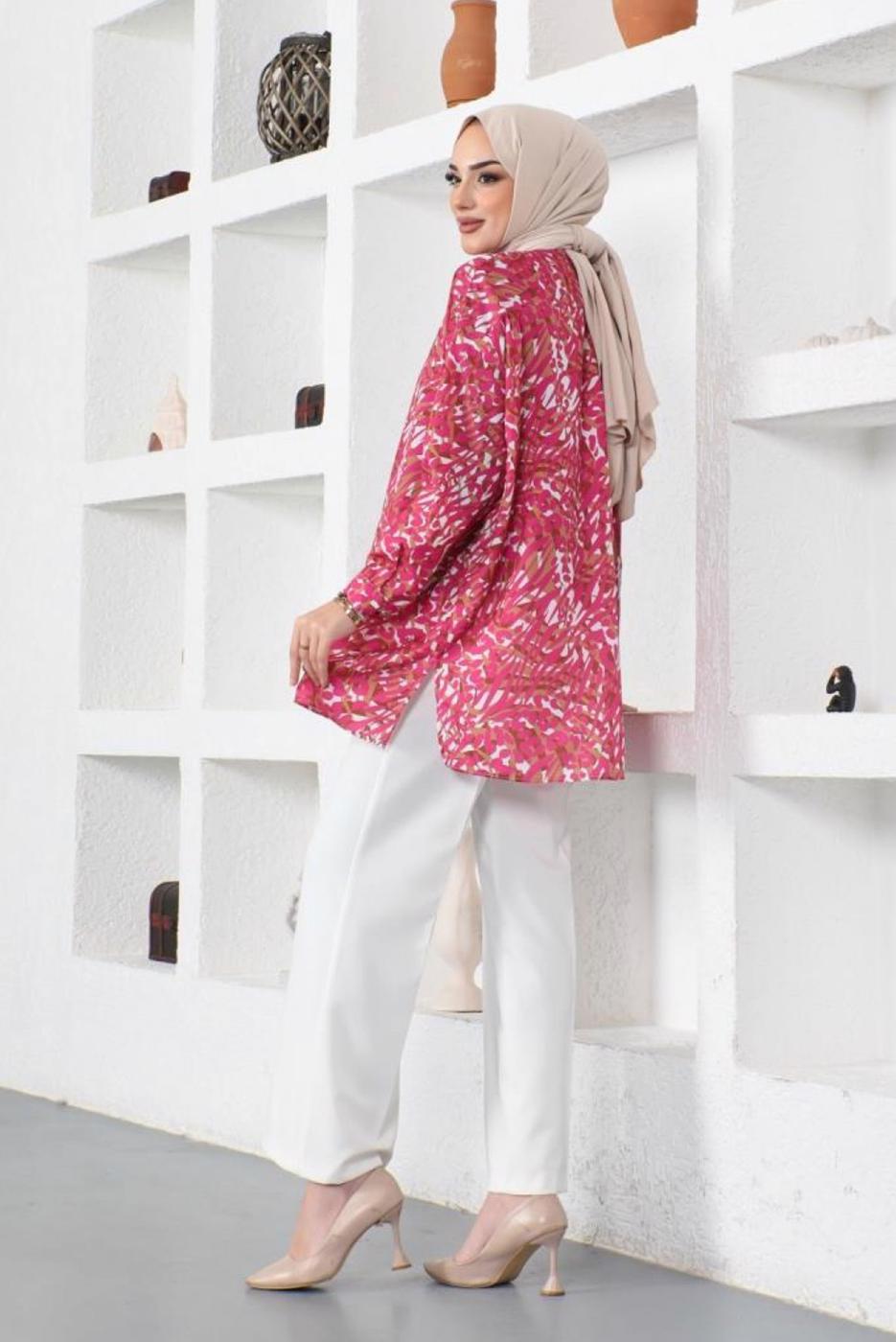 Tesettür giyim FUŞYA DESENLİ GÖMLEK TUNİK T 2888