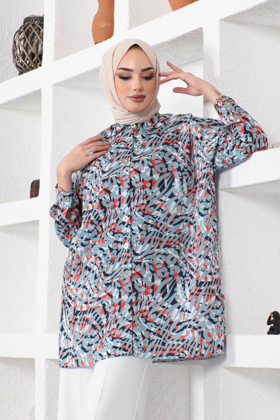 Tesettür giyim MAVİ DESENLİ GÖMLEK TUNİK T 2888