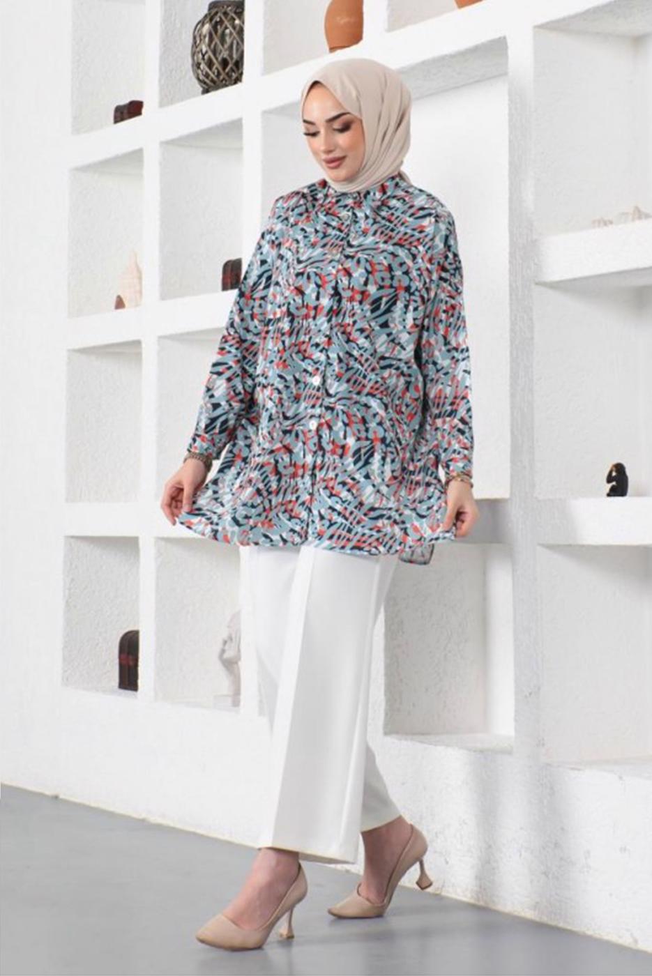 Tesettür giyim MAVİ DESENLİ GÖMLEK TUNİK T 2888