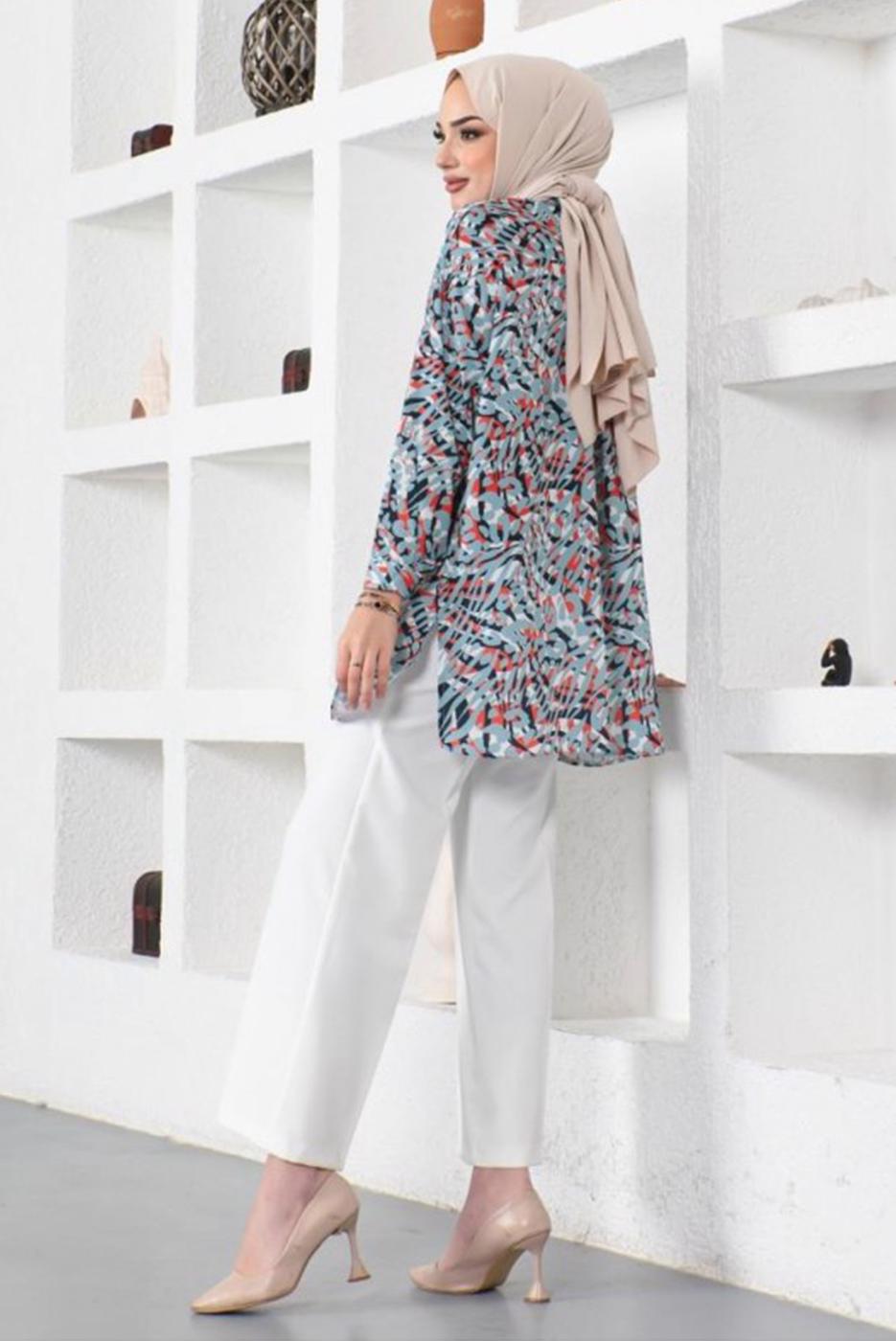 Tesettür giyim MAVİ DESENLİ GÖMLEK TUNİK T 2888