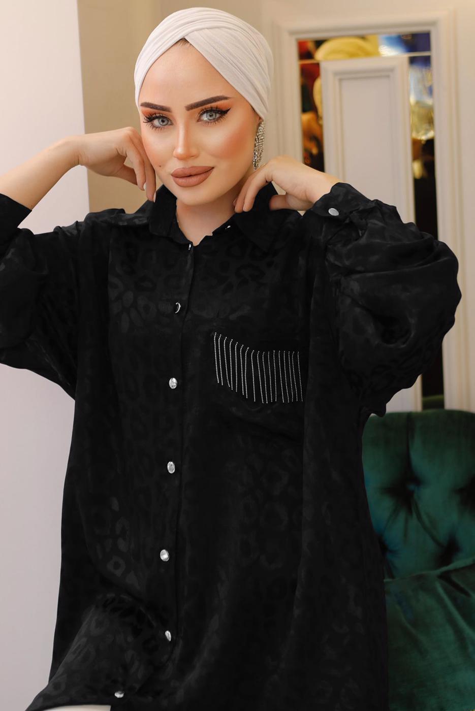 Tesettür giyim SİYAH LEOPAR DESENLİ ZİNCİR DETAYLI TUNİK T 3003