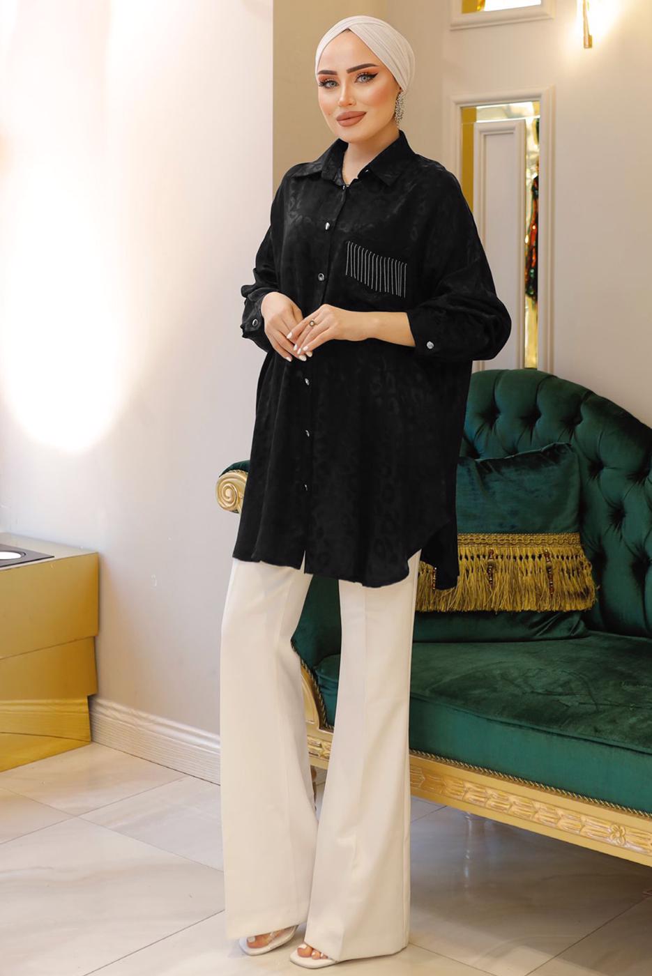 Tesettür giyim SİYAH LEOPAR DESENLİ ZİNCİR DETAYLI TUNİK T 3003