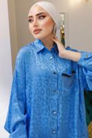 Tesettür giyim MAVİ LEOPAR DESENLİ ZİNCİR DETAYLI TUNİK T 3003