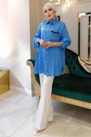 Tesettür giyim MAVİ LEOPAR DESENLİ ZİNCİR DETAYLI TUNİK T 3003