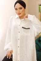 Tesettür giyim EKRU LEOPAR DESENLİ ZİNCİR DETAYLI TUNİK T 3003