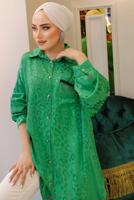 Tesettür giyim YEŞİL LEOPAR DESENLİ ZİNCİR DETAYLI TUNİK T 3003