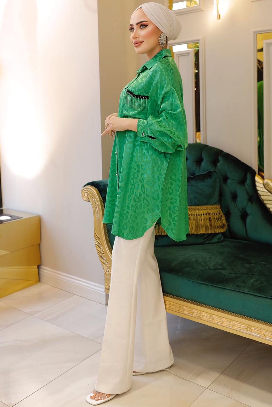 Tesettür giyim YEŞİL LEOPAR DESENLİ ZİNCİR DETAYLI TUNİK T 3003