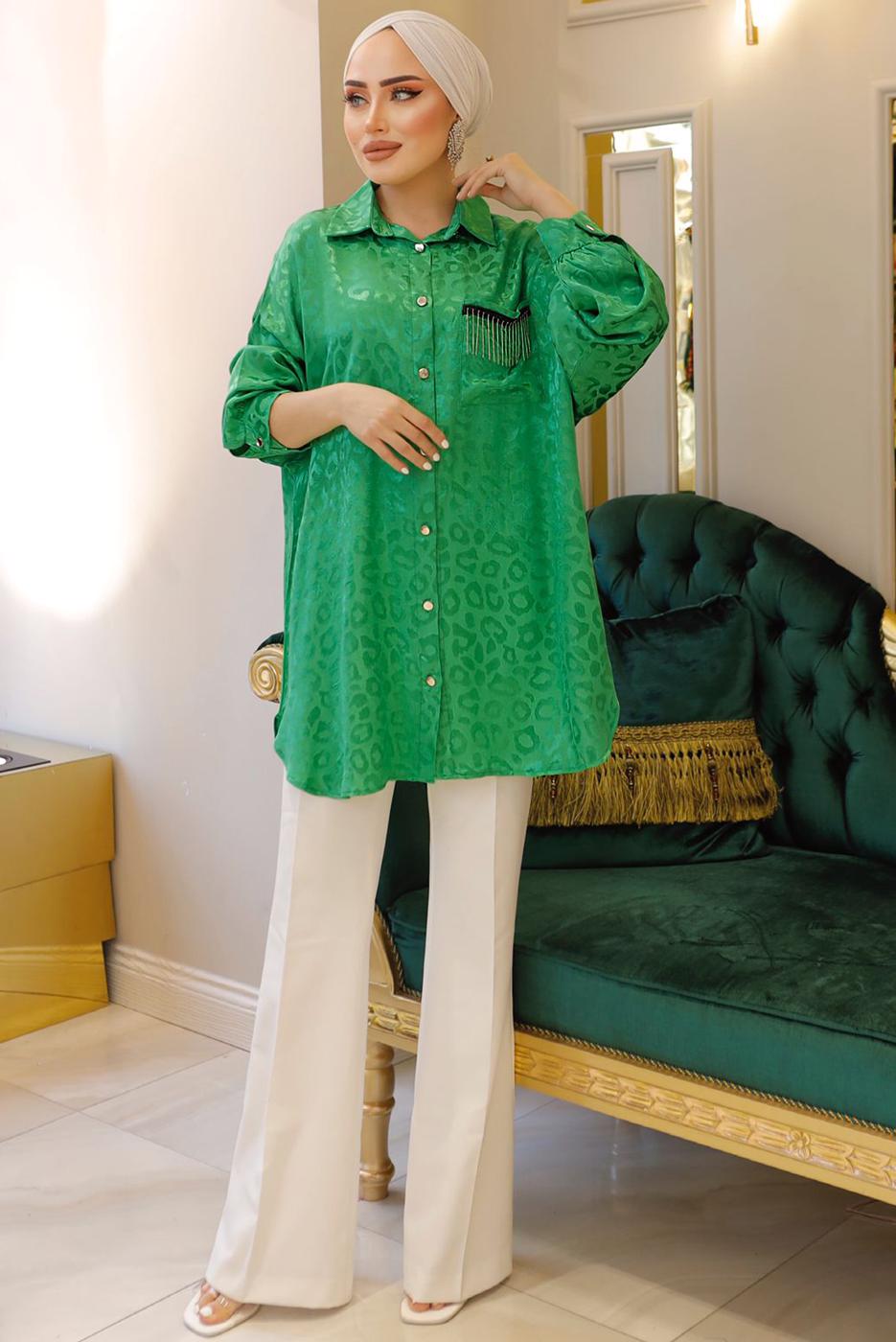 Tesettür giyim YEŞİL LEOPAR DESENLİ ZİNCİR DETAYLI TUNİK T 3003