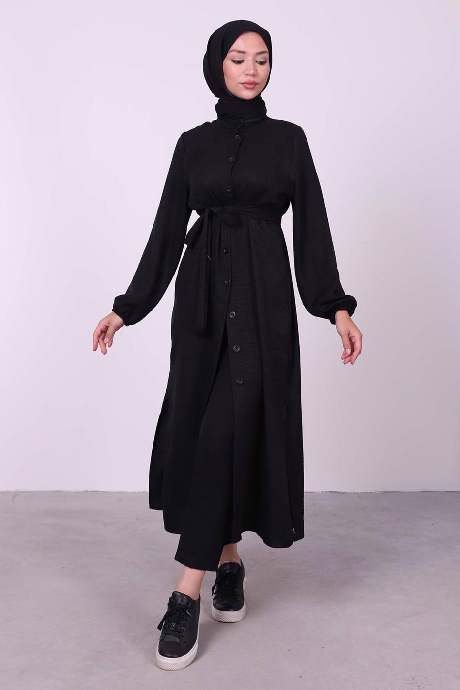 Tesettür giyim SİYAH YANI YIRTMAÇLU KUŞAKLI UZUN TUNİK T 3395 