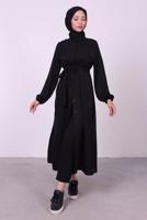 Tesettür giyim SİYAH YANI YIRTMAÇLU KUŞAKLI UZUN TUNİK T 3395 