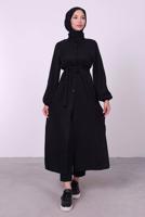 Tesettür giyim SİYAH YANI YIRTMAÇLU KUŞAKLI UZUN TUNİK T 3395 