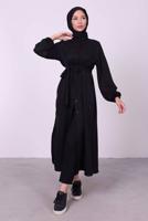 Tesettür giyim SİYAH YANI YIRTMAÇLU KUŞAKLI UZUN TUNİK T 3395 