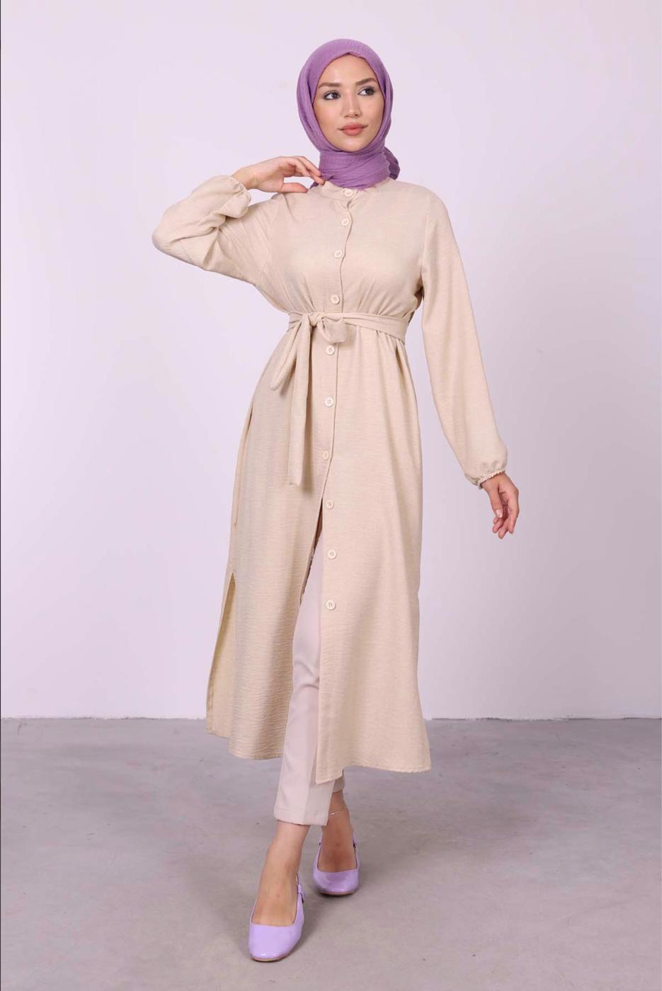Tesettür giyim BEJ YANI YIRTMAÇLU KUŞAKLI UZUN TUNİK T 3395 