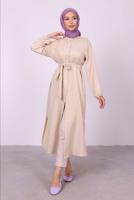 Tesettür giyim BEJ YANI YIRTMAÇLU KUŞAKLI UZUN TUNİK T 3395 