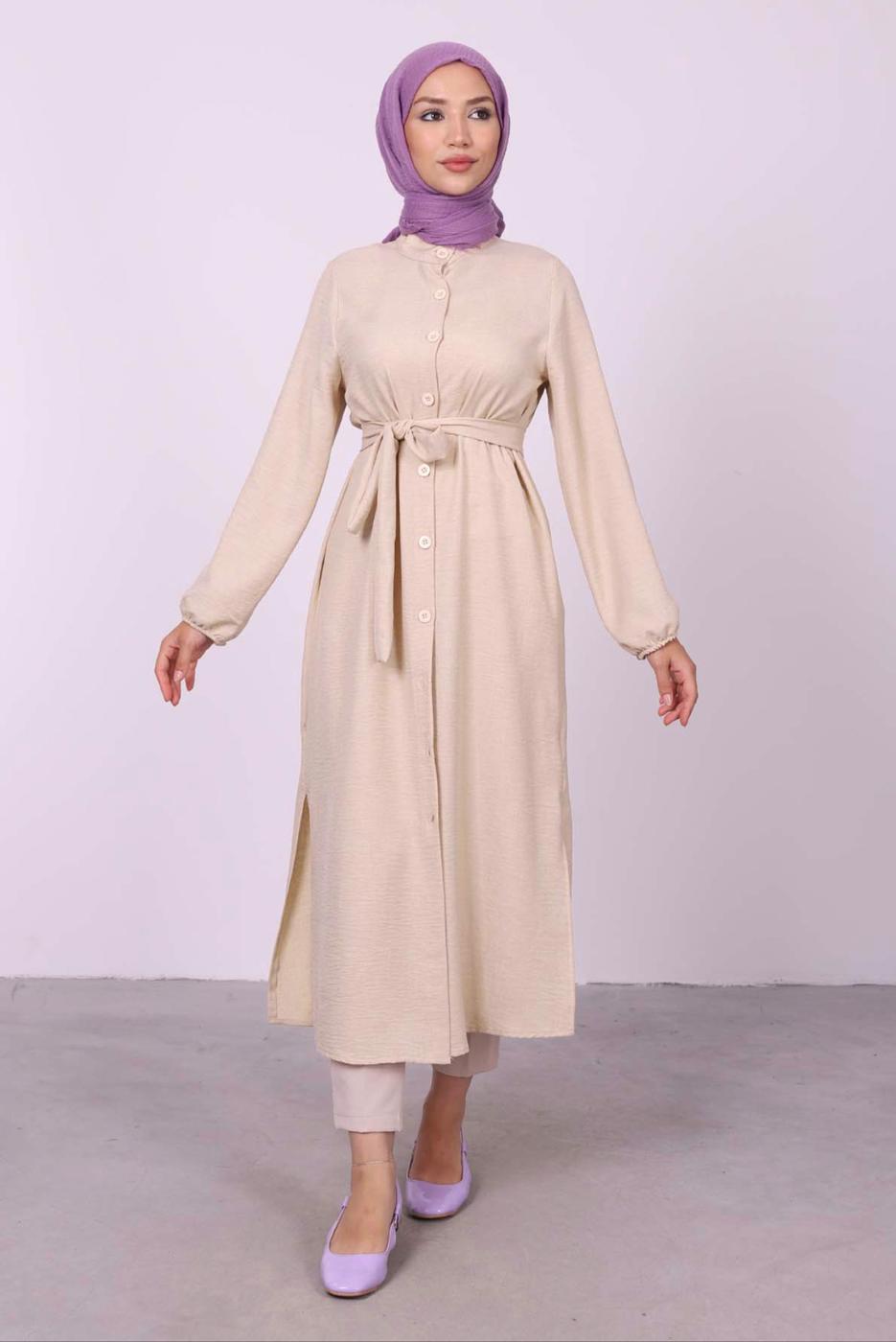 Tesettür giyim BEJ YANI YIRTMAÇLU KUŞAKLI UZUN TUNİK T 3395 