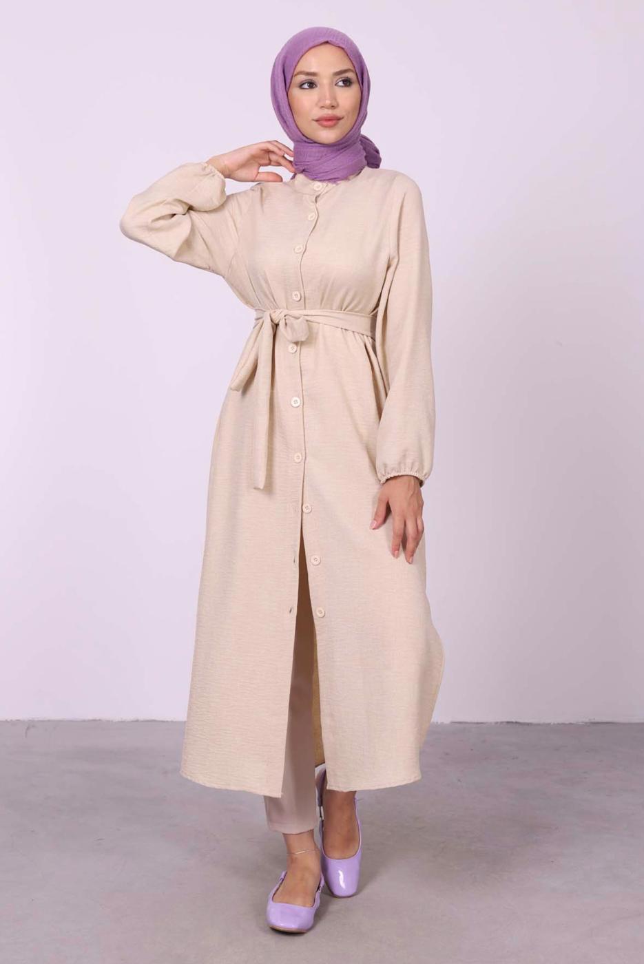 Tesettür giyim BEJ YANI YIRTMAÇLU KUŞAKLI UZUN TUNİK T 3395 