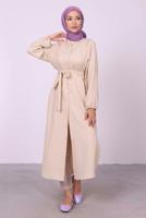 Tesettür giyim BEJ YANI YIRTMAÇLU KUŞAKLI UZUN TUNİK T 3395 