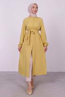 Tesettür giyim TURUNCU YANI YIRTMAÇLU KUŞAKLI UZUN TUNİK T 3395 