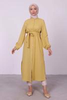 Tesettür giyim TURUNCU YANI YIRTMAÇLU KUŞAKLI UZUN TUNİK T 3395 