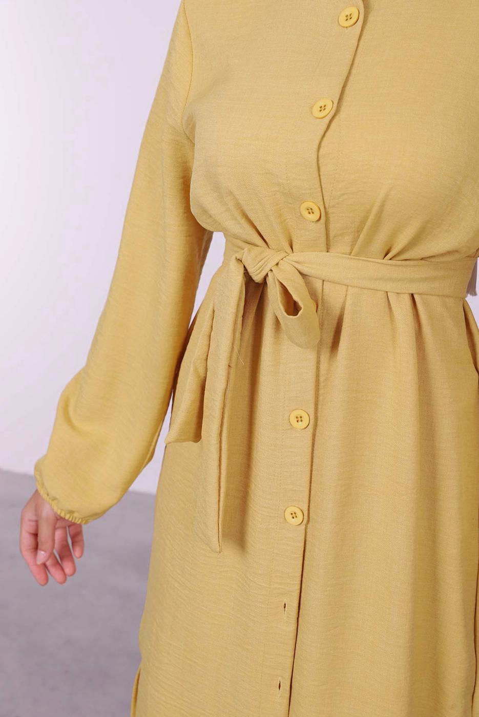 Tesettür giyim TURUNCU YANI YIRTMAÇLU KUŞAKLI UZUN TUNİK T 3395 