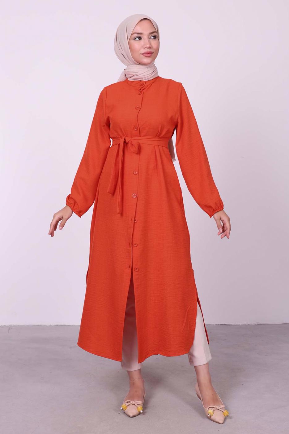 Tesettür giyim TURUNCU YANI YIRTMAÇLU KUŞAKLI UZUN TUNİK T 3395 