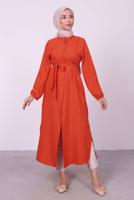 Tesettür giyim TURUNCU YANI YIRTMAÇLU KUŞAKLI UZUN TUNİK T 3395 