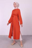 Tesettür giyim TURUNCU YANI YIRTMAÇLU KUŞAKLI UZUN TUNİK T 3395 