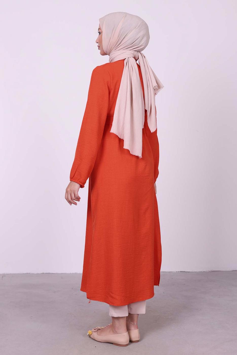 Tesettür giyim TURUNCU YANI YIRTMAÇLU KUŞAKLI UZUN TUNİK T 3395 