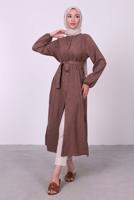Tesettür giyim KAHVE YANI YIRTMAÇLU KUŞAKLI UZUN TUNİK T 3395 