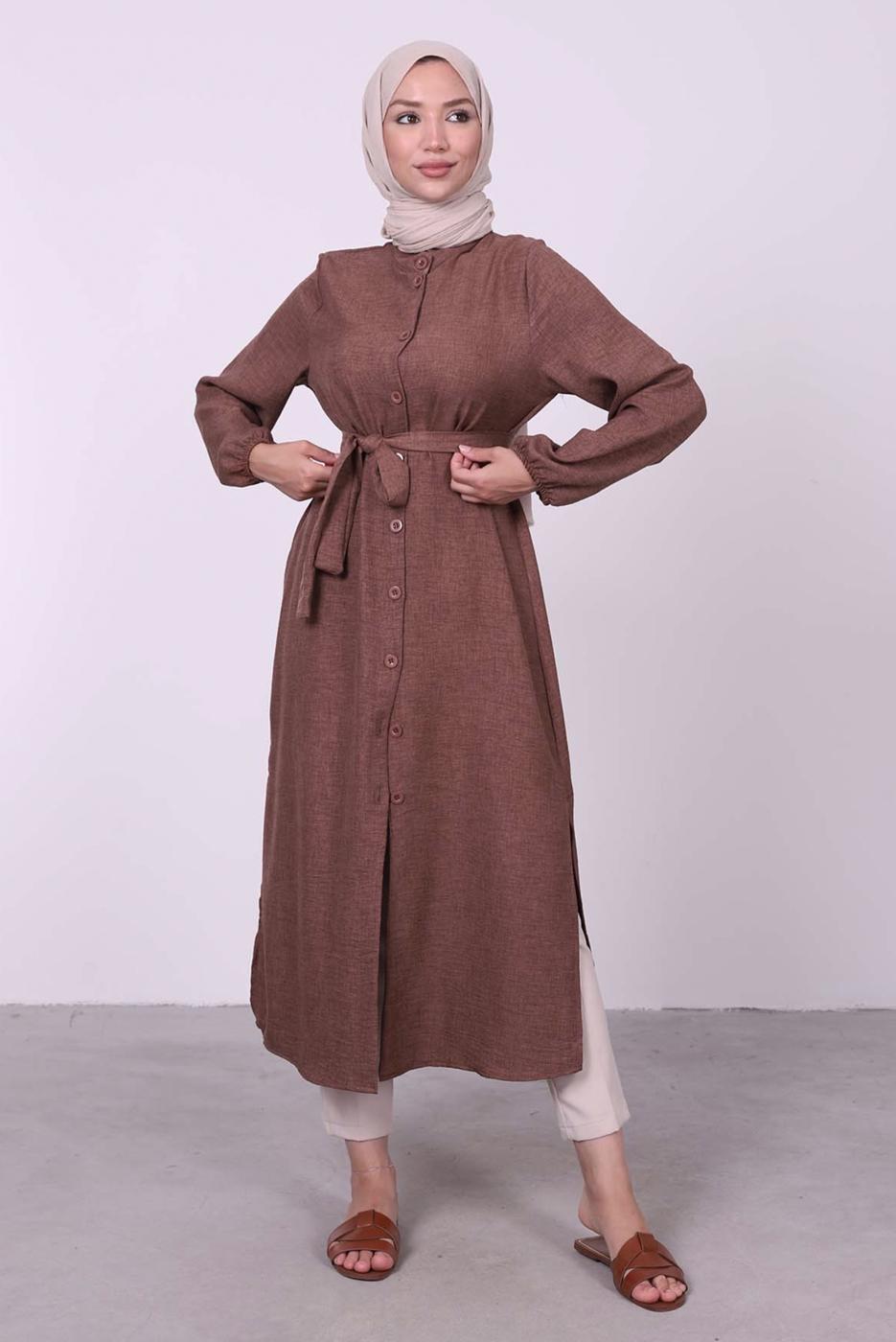 Tesettür giyim KAHVE YANI YIRTMAÇLU KUŞAKLI UZUN TUNİK T 3395 