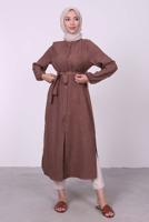Tesettür giyim KAHVE YANI YIRTMAÇLU KUŞAKLI UZUN TUNİK T 3395 